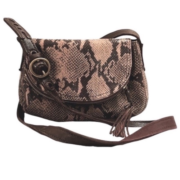 Lucky Brand Crossbody Bag Snake Embossed Leather Purse Brown Tan